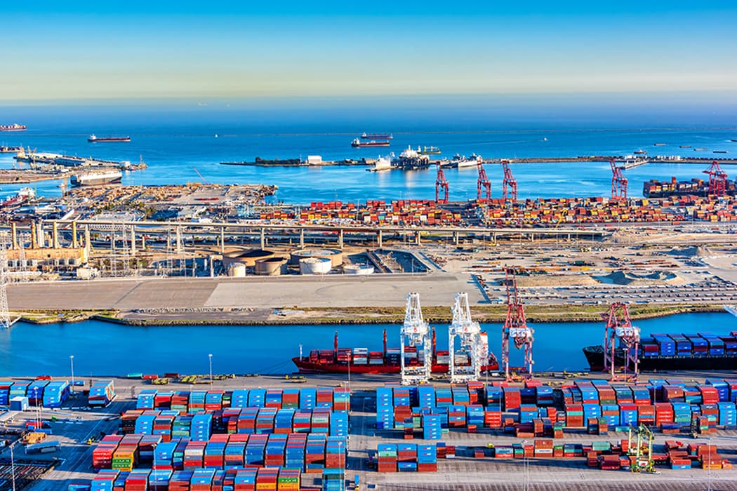 Aerial view of shipping port—CBP crackdown on forced labor